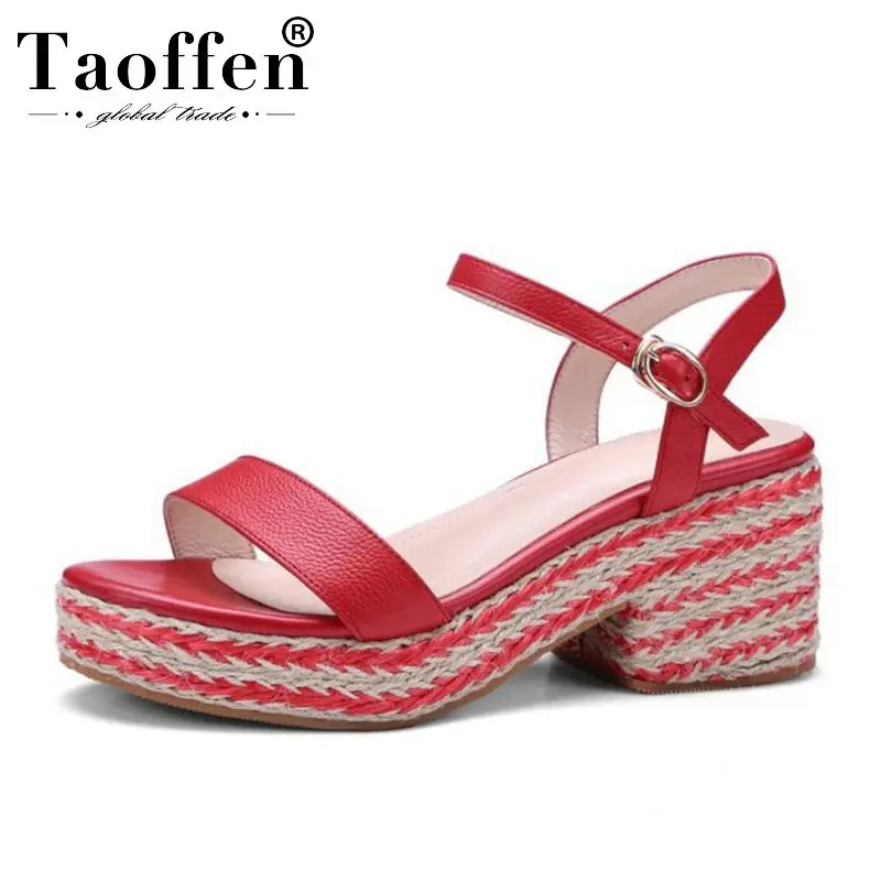

TAOFFEN Real Leather Platform Solid Color Metal Buckle Laides Sandals Fashion Party Club Shoes Women Daily Sandals Size 34-39
