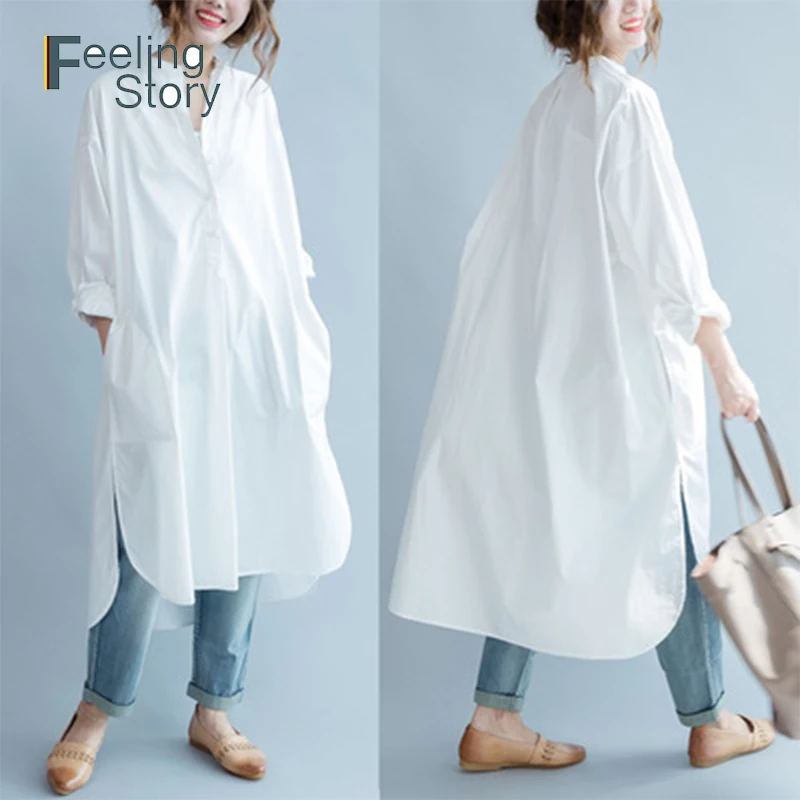 

Korean Style Women's Collar Shirt Dress Plus Size White Cotton Shirt Dress Side Split Single Breasted Dress Women Summer 2019