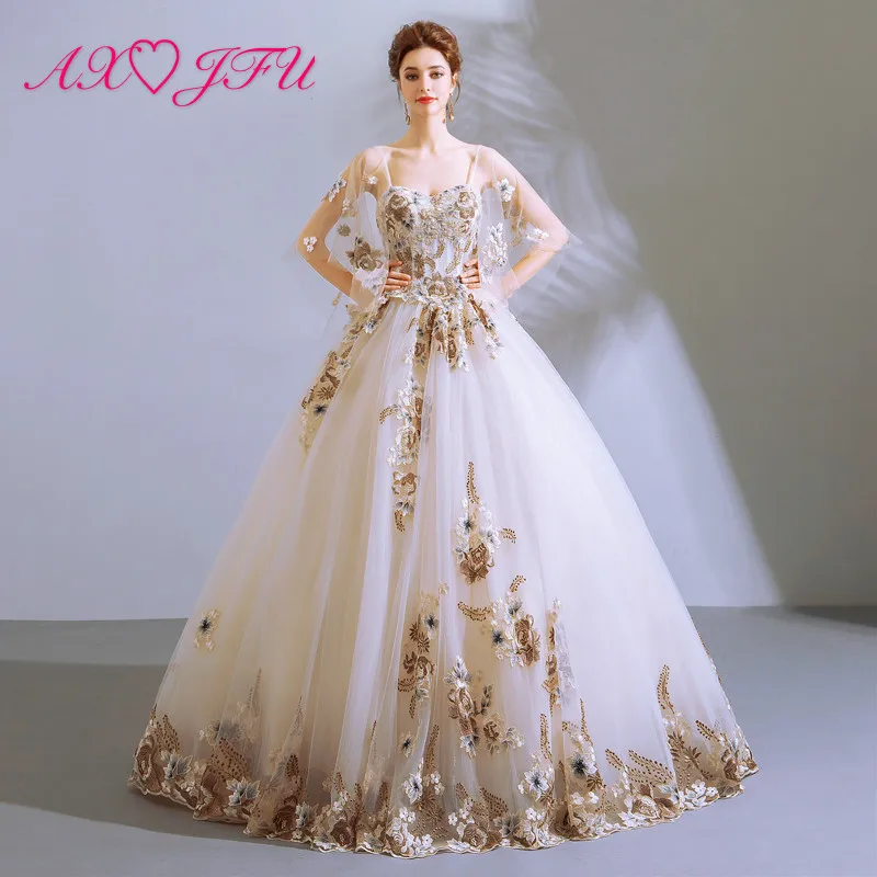 

AXJFU luxury princess embroidery golden peony flower white lace wedding dress vintage sweetheart illusion wedding dress 7981