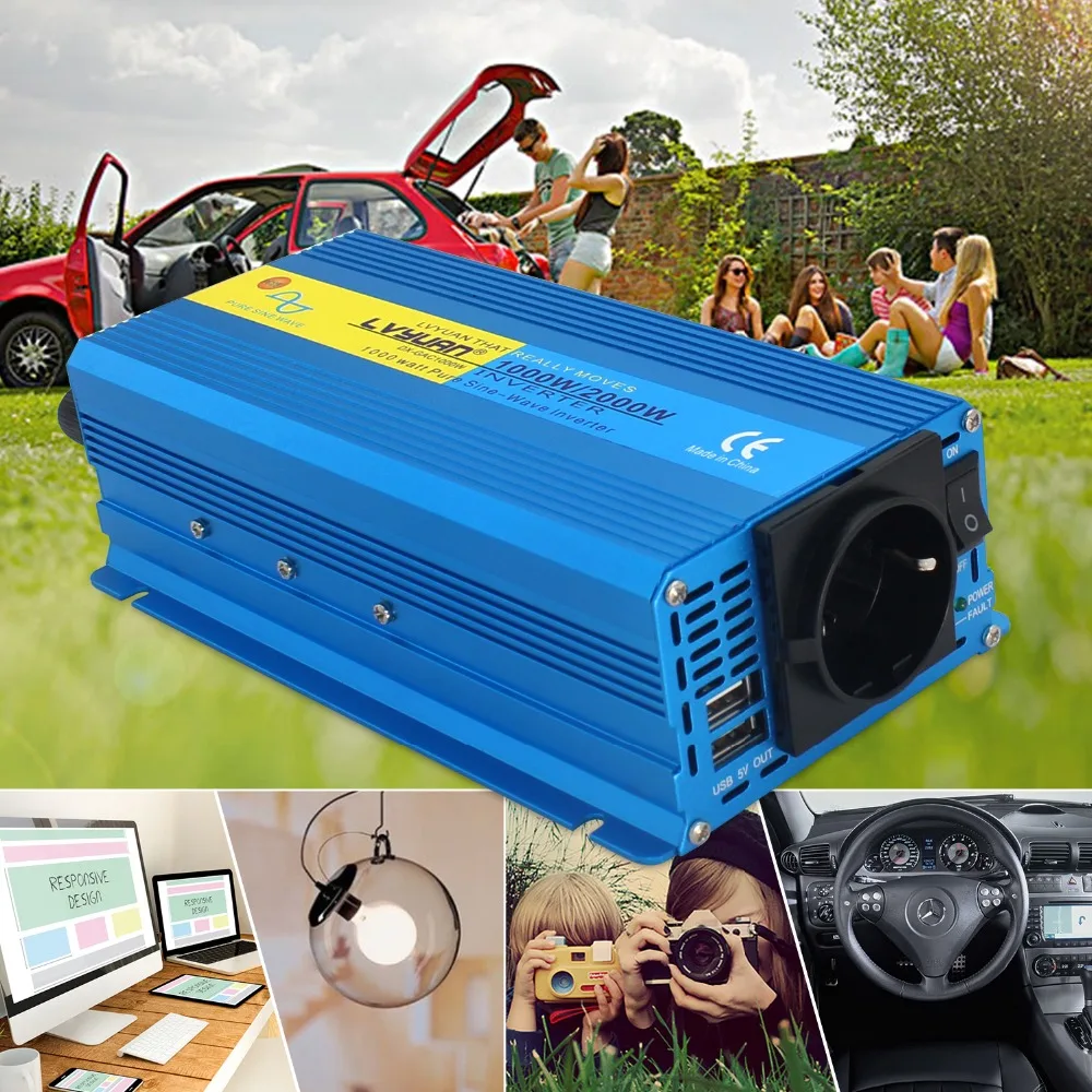 2000W PURE SINE WAVE POWER INVERTER Dual usb DC 12V To AC 220V 230V CAR CAMPING BOAT Converter 3.1A 2 USB EU PLUG