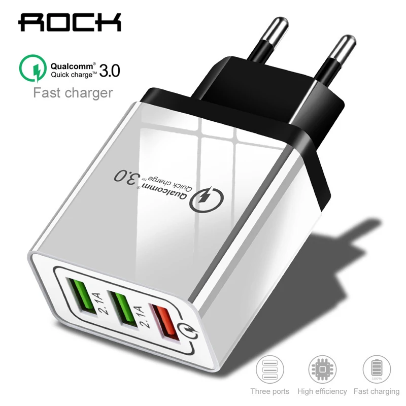ROCK 3 Ports Quick Charger QC 3.0 USB Phone Charger Fast Charger EU Plug Mobile Phone Charger for phone for Samsung S8 S9