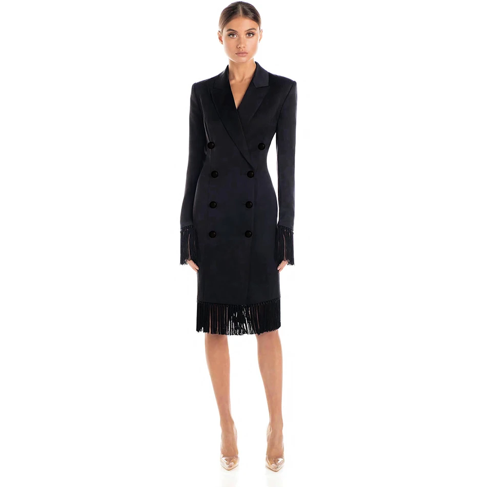 Новая Элегантная черная Женская ветровка с длинными рукавами и кисточками, двубортное тонкое платье, праздничное пальто знаменитостей, Vestidos