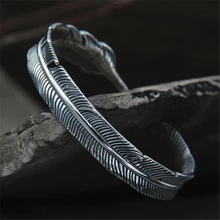 Женский винтажный 925 пробы Браслет-манжета с серебряными перьями, регулируемый браслет, ювелирное изделие, ширина 10,50 мм, 20,40 г