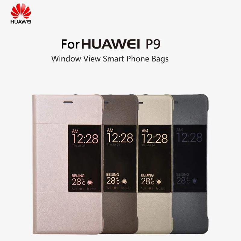 100% Official Original Phone Cases For Huawei Ascend P9 5.2inch Flip Smart Answer Window View Synthetic PU Leather For Huawei P9