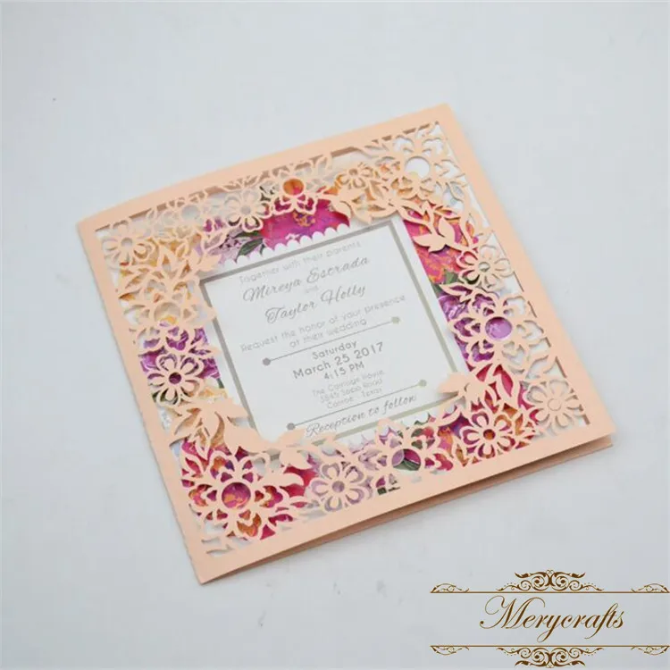 

Latest design laser cut peach flower elegant wedding invitations