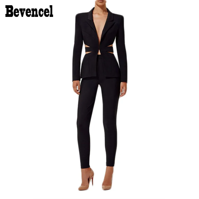

Bevencel 2019 Hot Sale New 2 Piece Set Women Long Sleeves Notched Bsck Hollow Out Sexy Elegant Two Piece Set Women's Suit