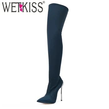дешево WETKISS Winter Thin High Heels Women Over The Knee Boots Sexy
Pointed Toe Stretch Booties 2018 New Satin Warmful Lady Shoes онлайн