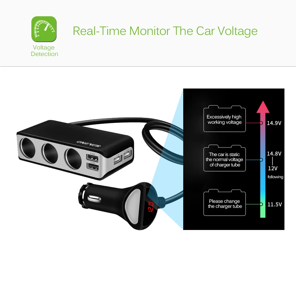 Onever 120 Вт 3 Way розетка для автомобильного прикуривателя Разветвитель 5V 2.4A 4 зарядных порта USB для автомобиля Зарядное устройство 12 V-24 V Мощность адаптер для iphone