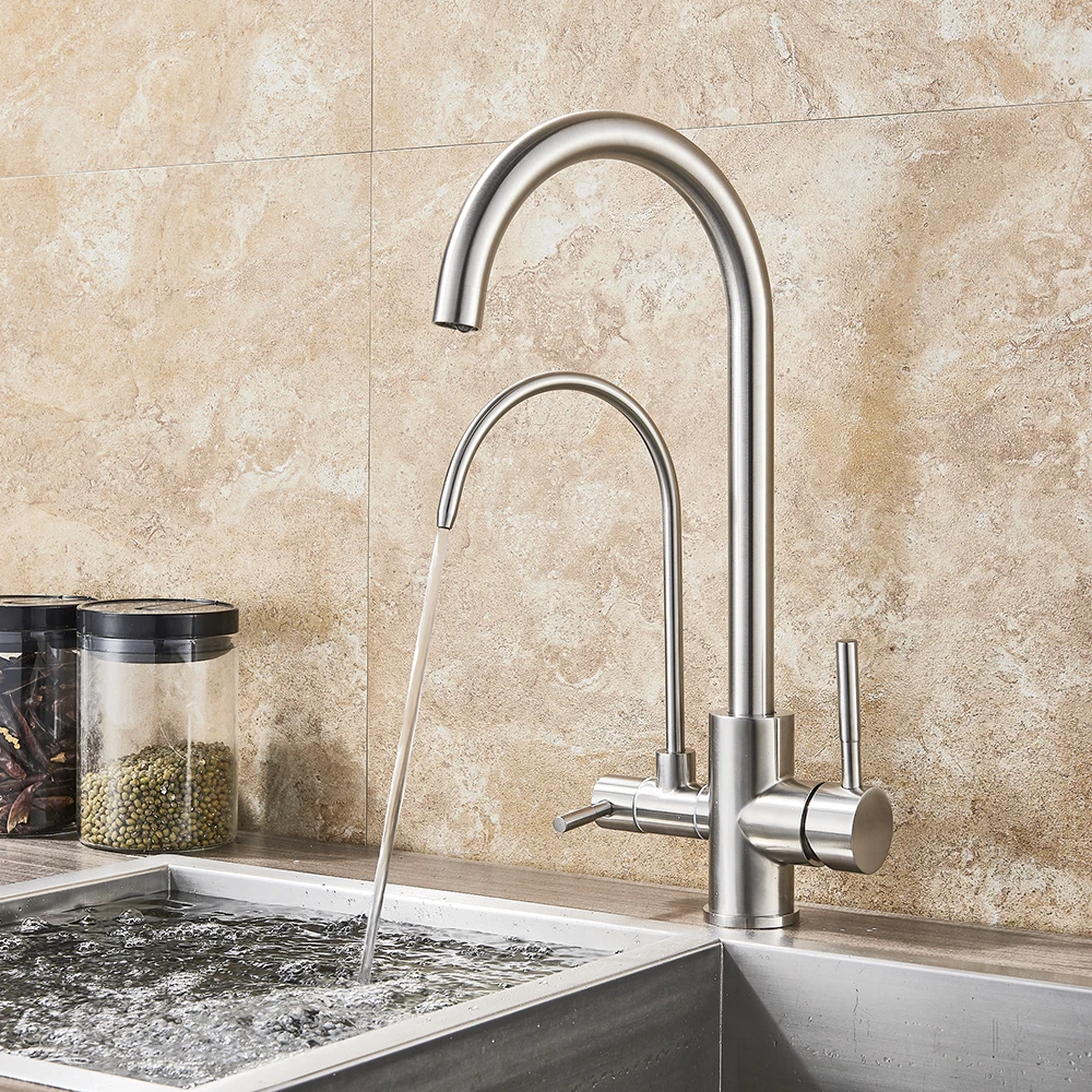 

Waterfilter taps Brushed Nickle kitchen faucets Dual Spout Mixer Tap 360 Degree Rotation Water Purification Feature Crane