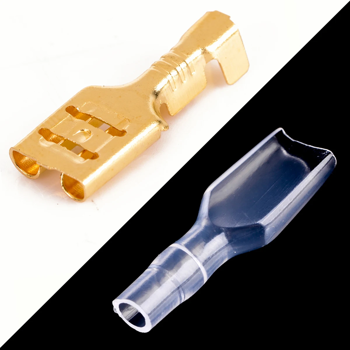 100pcs 6.3mm Brass Crimp Terminal Female Spade Connectors 22-16 AWG with Transparent Plastic Insulating Sleeves