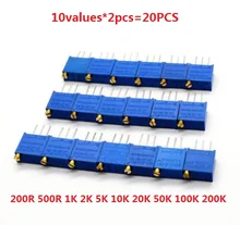 3296W potenciômetro 20pcs = 10values * 2pcs kit resistor ajustável W-200R 500R 1K 50 20 10 5 2K K K K K 100K 200K 102 103 104 201 SET