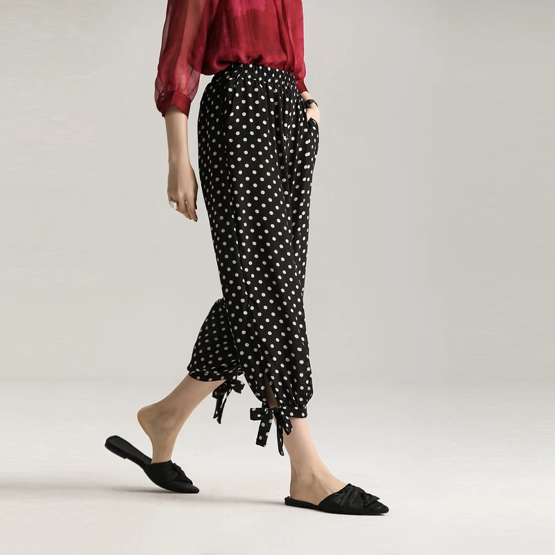 

Pure Silk Ankle-Length Pant 100% Mulberry Silk Women Casual Pockets Polka Dot Bloom Pants FREE SHIPPING