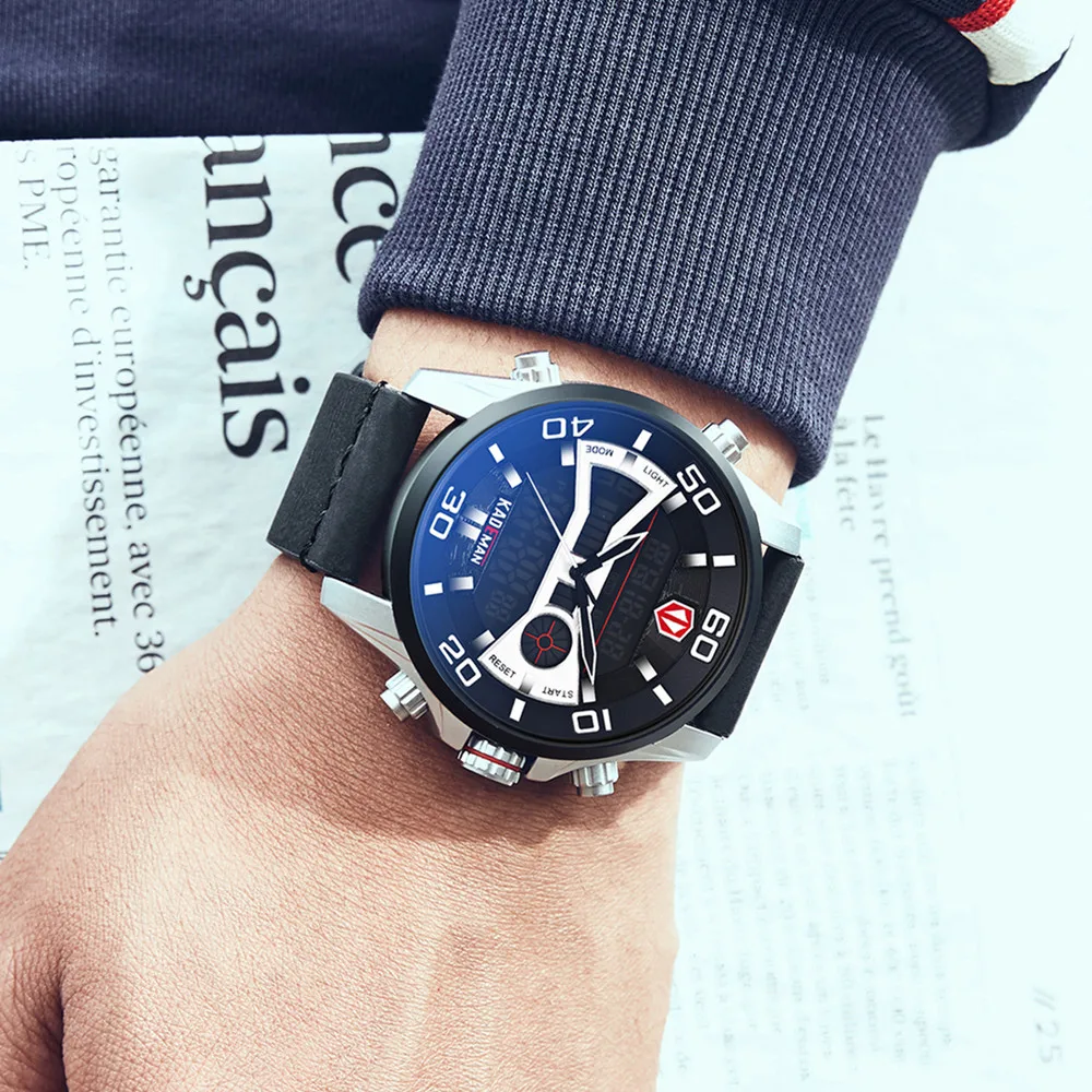Beste KADEMAN 2019 Mannelijke Horloge Militaire Sport Quartz Horloges Waterdicht Datum Dual Display Horloge Leer Klok Relogio Masculino