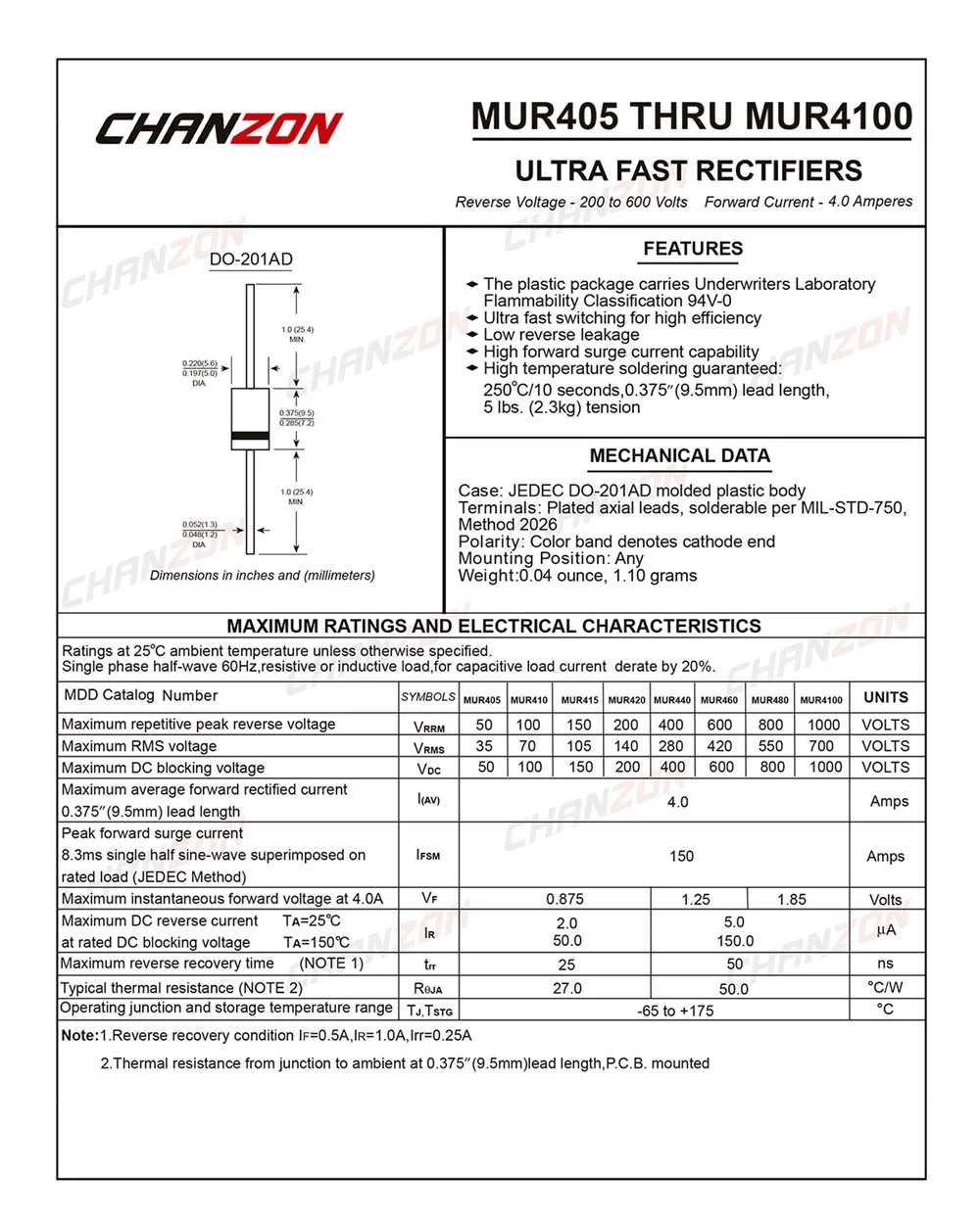 (20 шт.) MUR460 супер быстрое восстановление выпрямительного диода 4A 600 V 25 50ns Do 201AD Axial 4