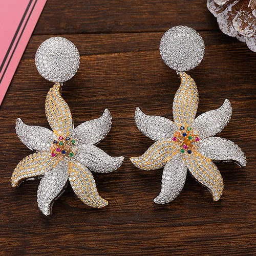 Bicolor Godki роскошный Starfish Африканский трендовые длинные серьги кольцо фианит свадебное обручальное вечерние индийский золотые серьги для женщин - Окраска металла: Bicolor