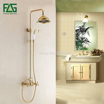 

NEW Luxury Tub & Shower Faucet Set Dual Handle 8" Rain Shower Head With Slide Bar Gold Finished Shower Mixer Tap