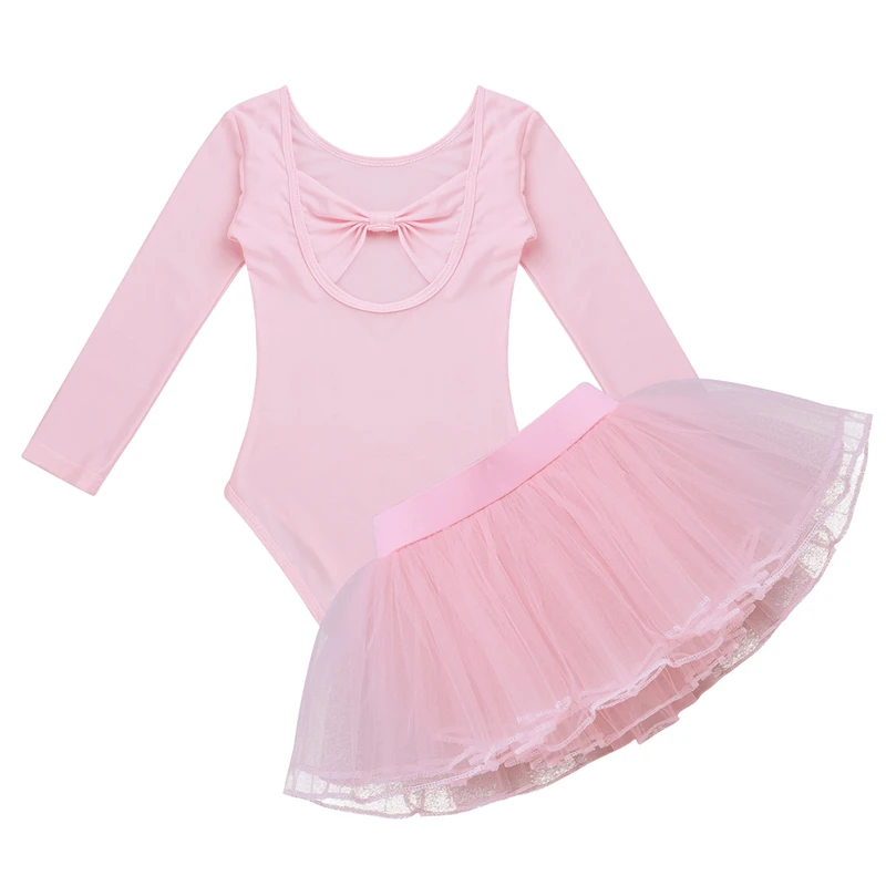 Комплект балетной пачки для девочек, балетная юбка с бантом на спине, гимнастический купальник с сетчатой юбкой, танцевальная одежда