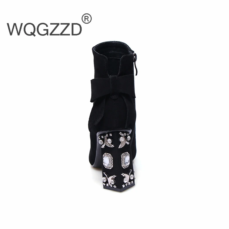 Black Stiefeletten Gray Marke Stiefel Bead Heel Chelsea Kuh light High Schuhe Adrette Diamant Wildleder Winter String Ankle Frauen Mujer Luxus qTwH45q