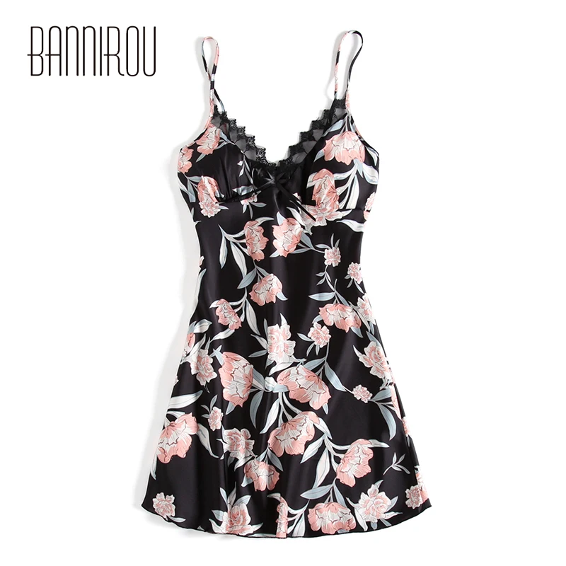 

Woman Sexy Sleepshirts Lace Silk Satin Summer Lingerie Slip Sleeveless Backless Sleep Wear Female Nightgowns For Woman BANNIROU