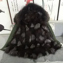 Модная плотная теплая черная куртка с серым лисьим мехом, меховым воротником из енота, парка Mr furs, пальто