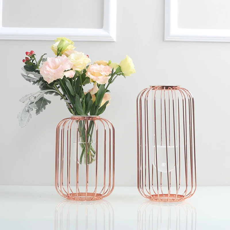 Glass Flower Vase Iron Metal Art Vase Rose Gold Flowerpot Home
