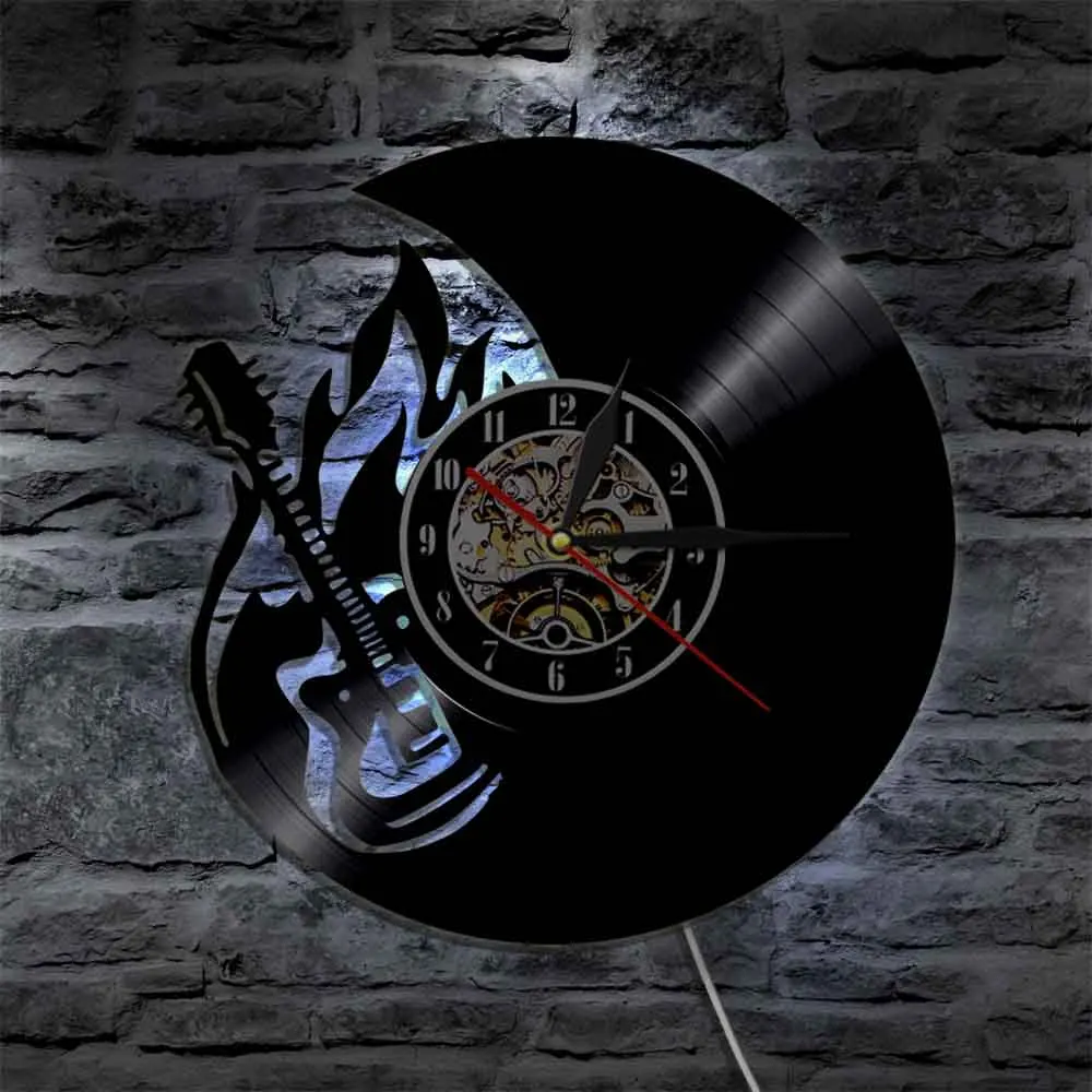 1 шт гитара и Drum Kit Виниловая пластинка настенные часы рок-н-ролл стены тактовый инструмент часы Drummer гитарист подарок для меломана - Цвет: With Led
