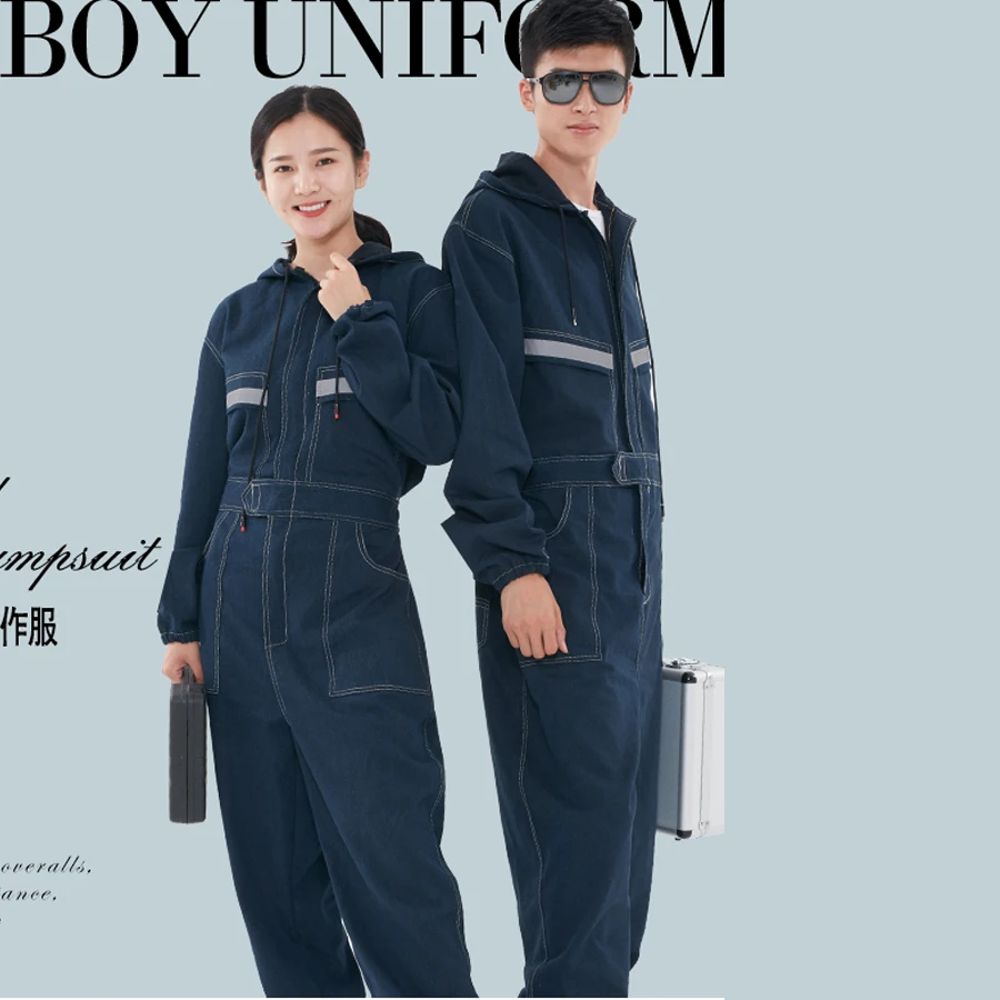 Denim Overalls Work Clothing Men Women Long Sleeved Hooded Coveralls Labor Overalls For Welding Auto Repair Painting Spraying appliqued frayed denim overalls