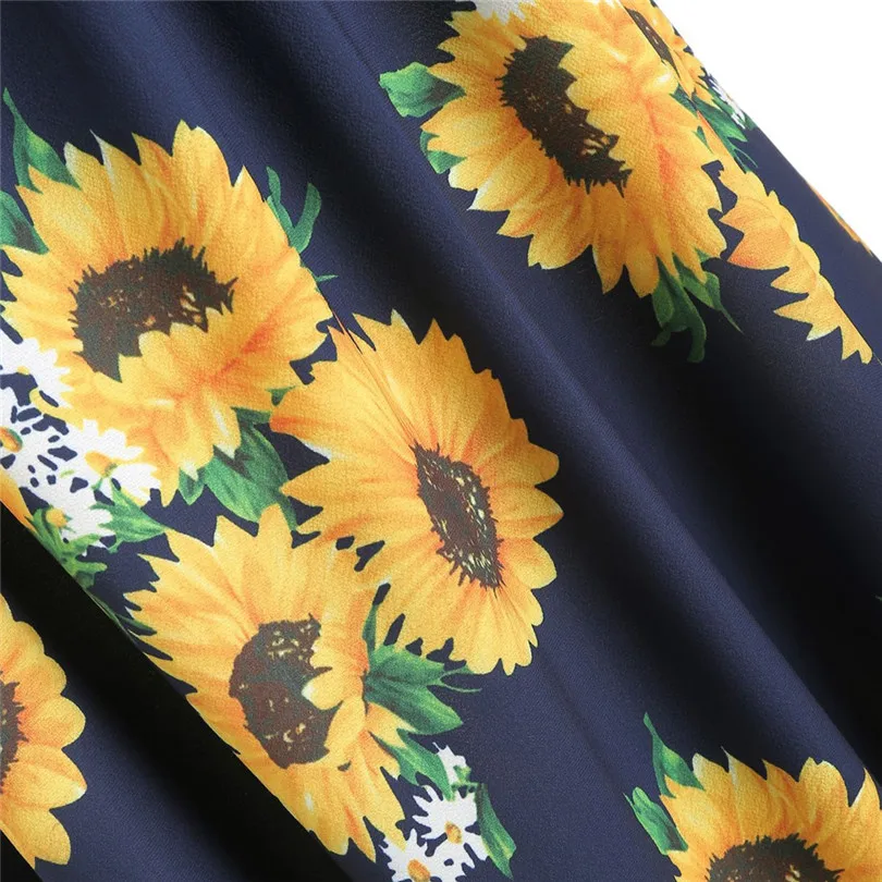 New Women Summer Sexy Short Sleeve Bow Knot Bandage Top Sunflower Print Mini Dress Suits Bohemian Casual Beach Dress #4A30 (42)