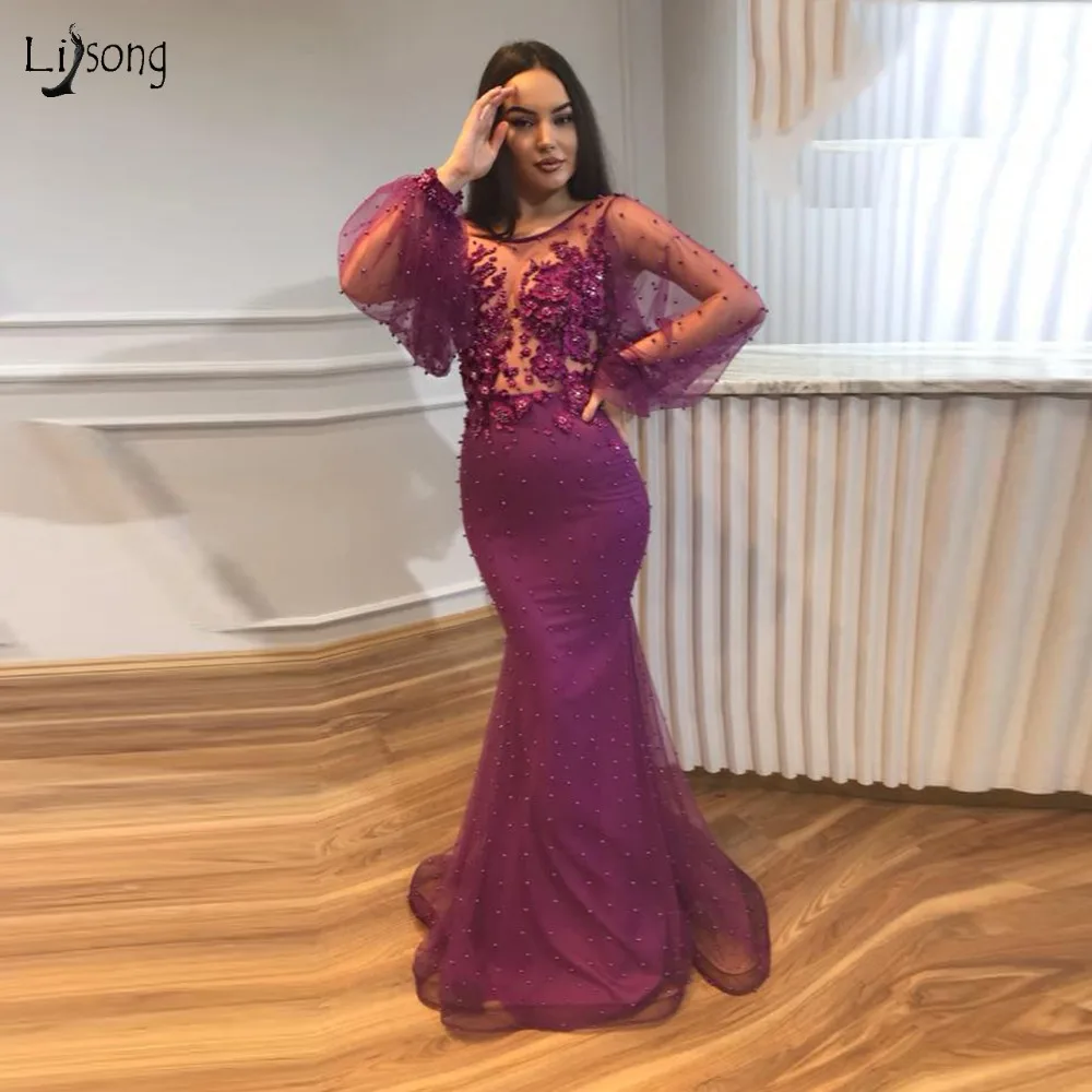 

High End Plum Purple Pearls Mermaid Evening Dresses Sheer Puff Full Sleeves Pretty 3D Flower Evening Gowns 2018 Robe De Soiree