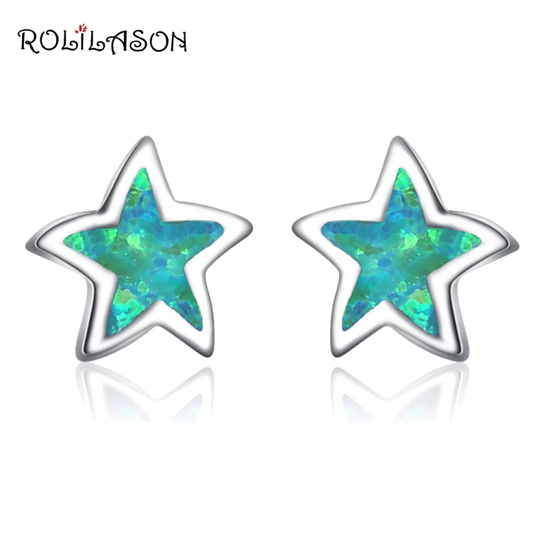 

ROLILASON Hot sell wedding gift Stars Design green Fire Opal Silver Stamped for women Stud Earring Fashion Jewelry OE753