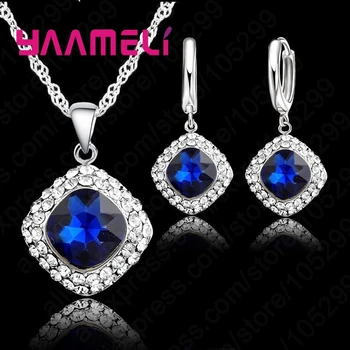 

Women Square Blue Crystal 925 Sterling Silver Jewelry Sets For Wedding Engagement Accessory Pendant NecklaceEarring Set