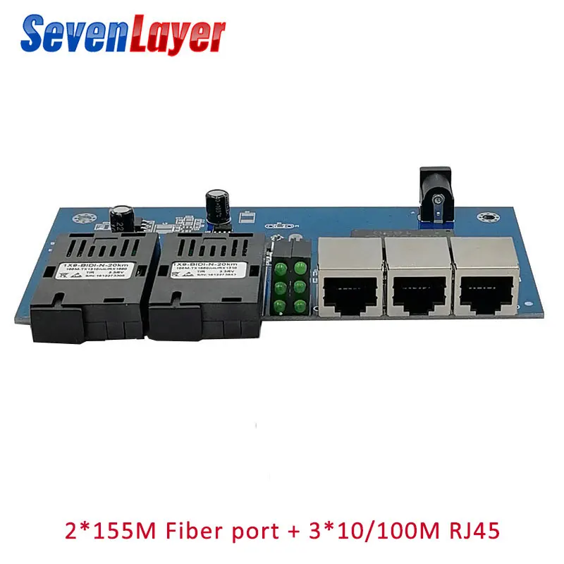 

Fast Ethernet switch Converter 20KM Fiber Optical Media Converter Single Mode 3 RJ45 and 2 SC fiber 10/100M Port PCBA