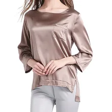 Осень шелк семь точка рукава Сращивание футболка джемпер круглый вырез Для женщин куртка Топ