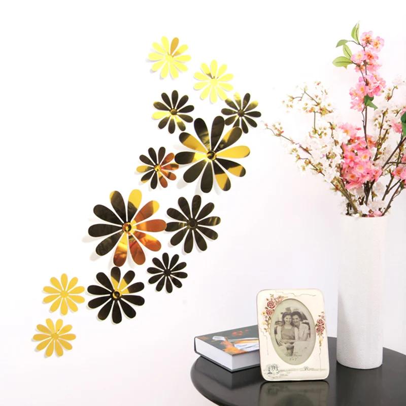 Sale 12pcs/Lot Creative 3D PVC Flowers Wall Stickers Acrylic Wall Decals For Kids Room Kitchen TV Wall Stickers Home Decor