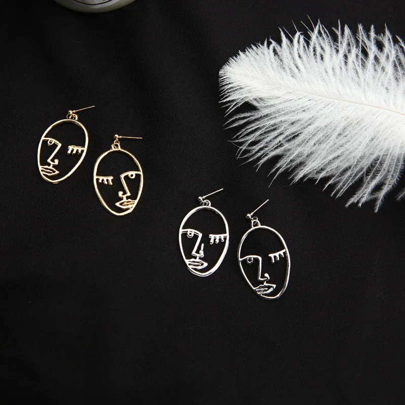 

New Golden Silver Color Face Shape Abstract Art Earrings Exquisite Copper Wire Statement Drop Earring Hollow Earrings E0281