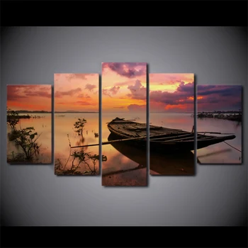 

5 Piece Canvas Art Sunset Boat Silence Lake Canvas Painting Wall Decor Poster And Picture For Living Room Scandinavian Decor