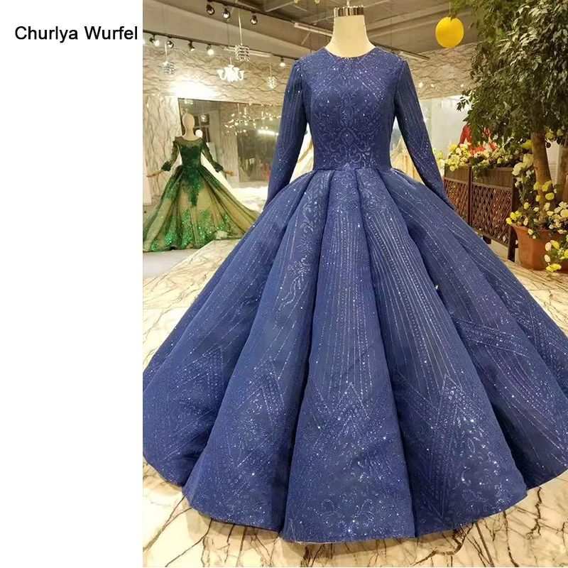 

LSS426 ball gown muslim prom dresses floor length o-neck long sleeves lace up back evening dresses curve shape ladies dress 2019