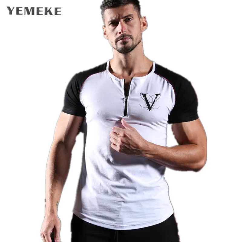 

YEMEKE Men splice Gyms T-shirt Mens Fitness Tight t-shirt Cotton neckline zipper t shirt men Bodybuilding Summer top