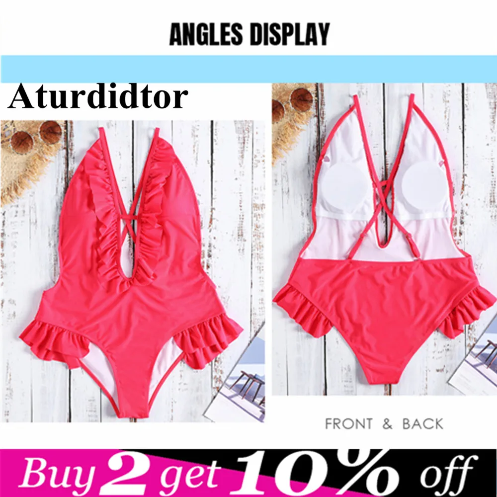 

Plus Size Monokini Criss Cross Strap Backless Ruffled Plunging Neck Solid Color Swimsuit