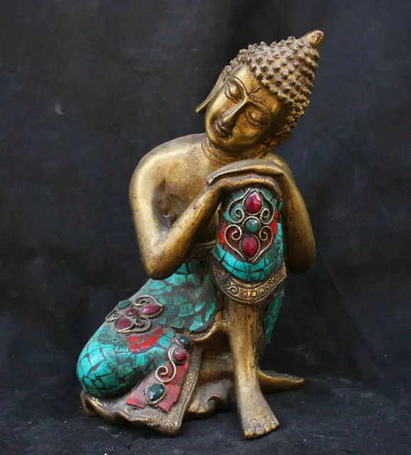 

7.6 inch/ Elaborate Chinese copper Tibet artificial turquoise meditation Buddha statue