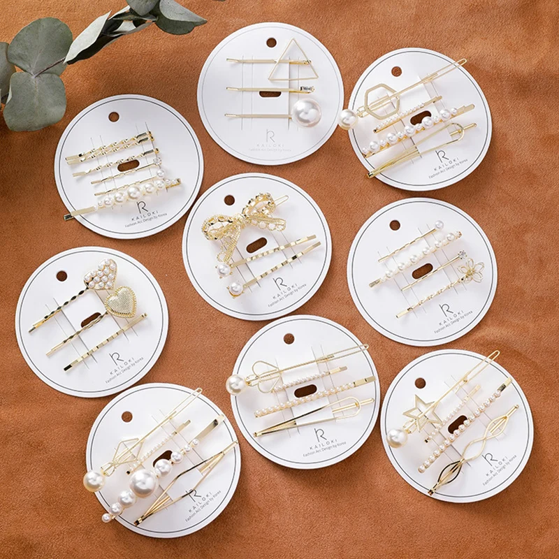 Новые весенние модные заколки золотого цвета с геометрическим сердцем, бантиком, звездой и жемчугом для женщин, милые заколки для волос, аксессуары