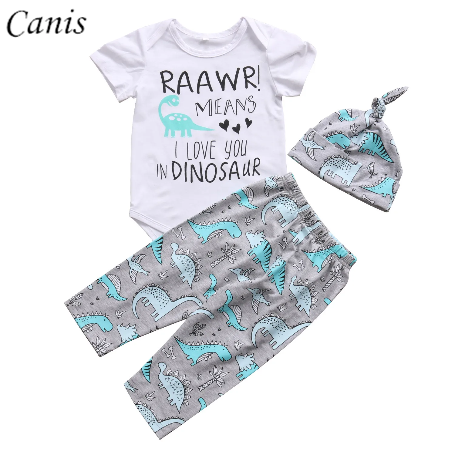 3PCS Newborn Infant Baby Boys Tops Dinosaur Clothes Set Romper Pants