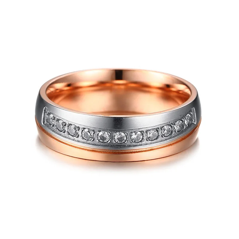 Vinterly Lovers Engagement Ring Rose Gold Color Stainless Steel Couple Wedding Bands CZ Stone Rings for Women Men Jewelry