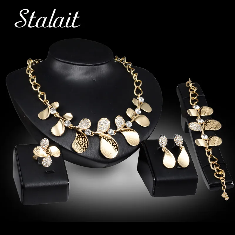 

Rhinestones Gold Color Jewellery Sets for Women Metal Leaves Pendant Dubai African Gold Color Jewelry Sets Nigeria