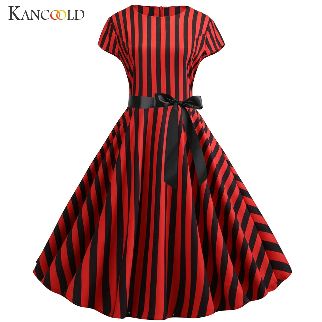 

KANCOOLD dress Women Vintage Short Sleeve Stripe Print Dress Summer Party Prom Swing fashion new dress women 2019Mar27
