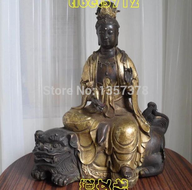 

shitou 00662 Tibetan Buddhist bronze MANJUSHRI buddha statue ride on lion 28 cm