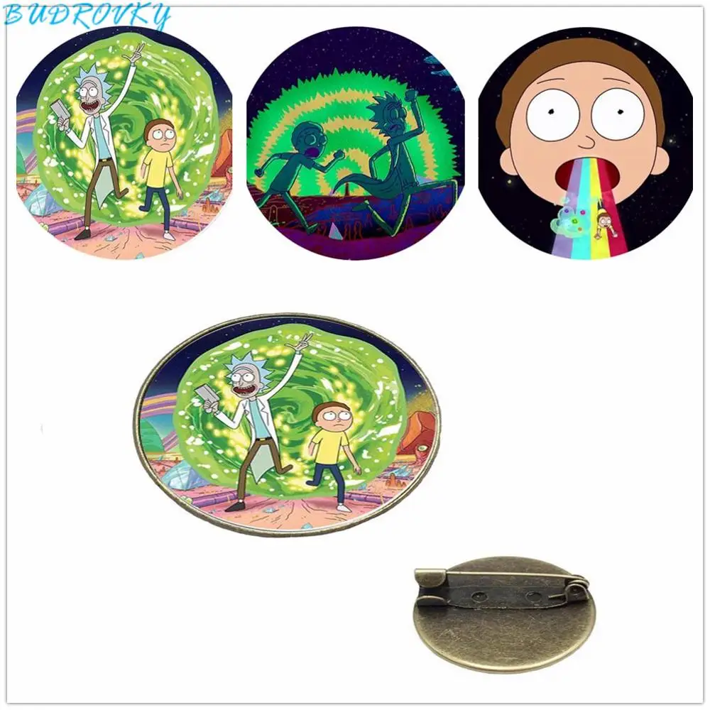 

6pcs/lot Cartoon Glass Cabochon Brooch Pins Rick And Morty Badges Denim Collar Canvas Bag Clothes Brooches