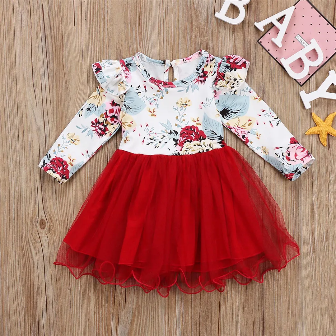 Emmababy Newest Fashion Toddler Baby Girl Clothes Flower Print Long Sleeve Tutu Tulle Dress Outfit Sundress | Детская одежда и