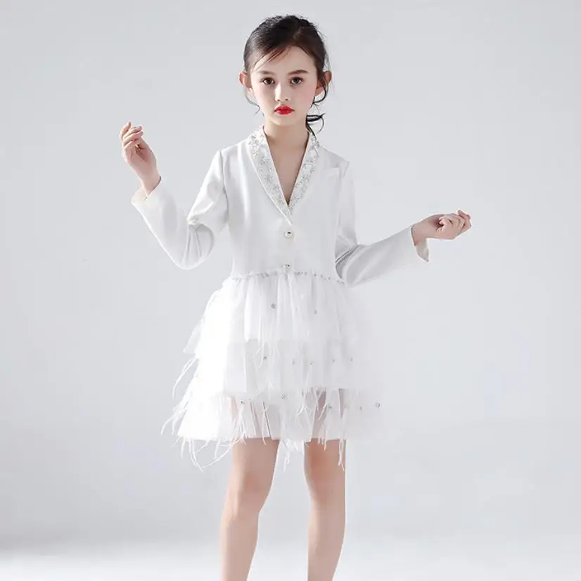 

High-end children dress blazer mesh spliced princess trailing gown Girls Catwalk evening Dress Modis kids clothes vestidos Y1634