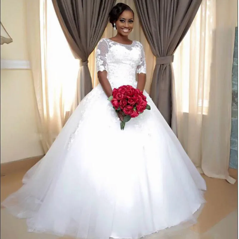 

New Design Half Sleeves Lace Wedding Dresses 2019 Tulle Sweep Train 2019 Vestido De Noiva Cheap Bridal Gowns
